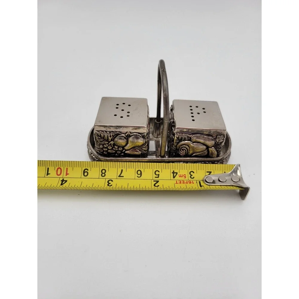Vintage silver plated salt and pepper‎ shakers cube with tray holder embossed